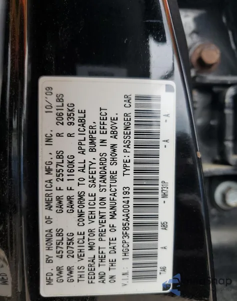 2010 Honda Accord Exl z USA, uszkodzony, nr VIN 1HGCP3F85AA004193